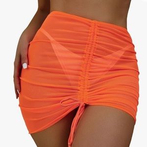 Orange Drawstring Ruched Mesh Cover Up Skirt